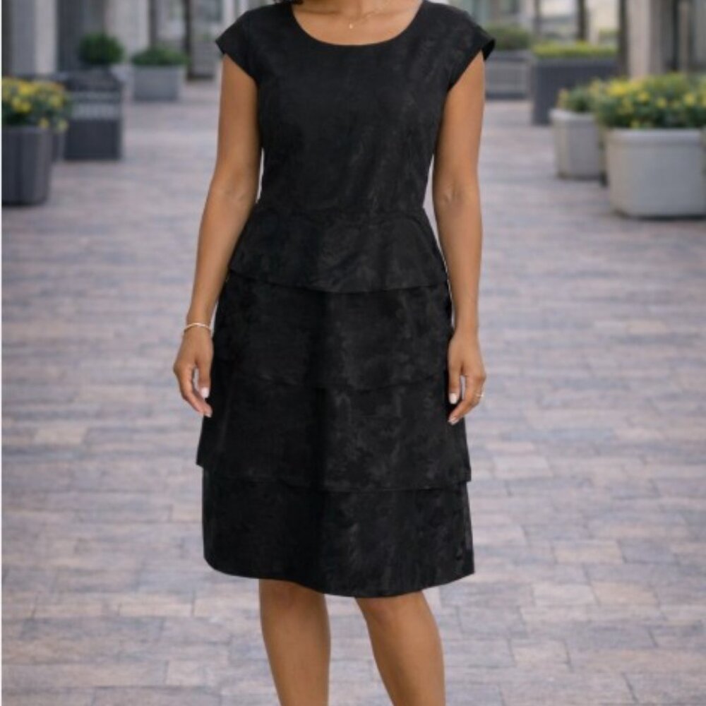 Black Tiered Textured Floral Print Party Cocktail Sleeveless Layer Dress 16